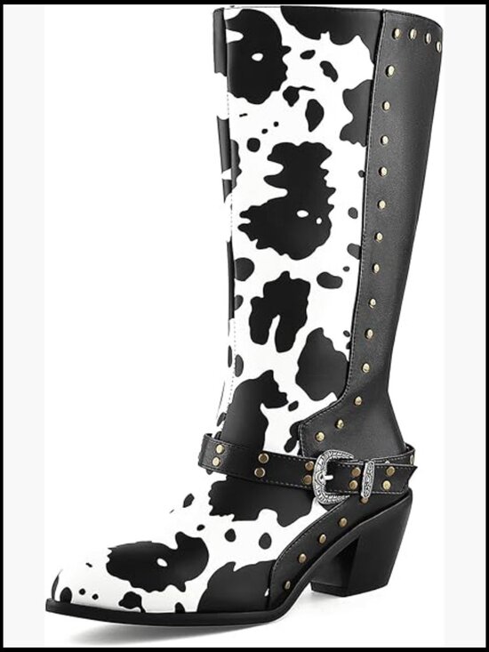 Shoes - Studded Mid Calf Buckle Biker Boots Chunky Heel Zipper Cow Print